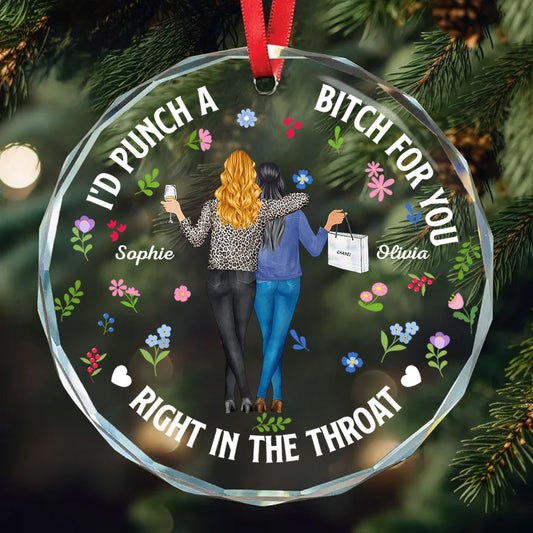 Two Women Holding Drinks - Personalized Bestie Round Shaped Glass Ornament