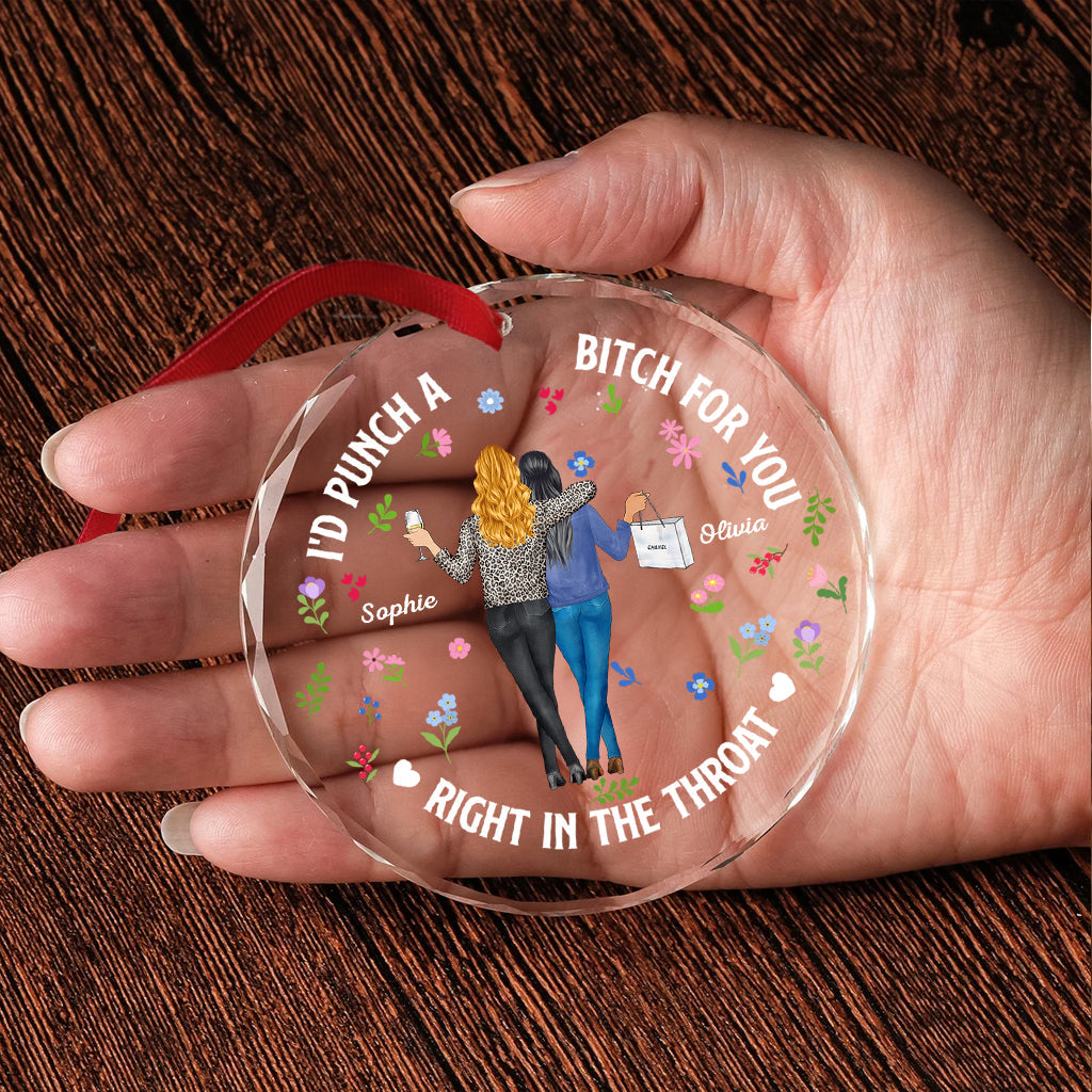 Two Women Holding Drinks - Personalized Bestie Round Shaped Glass Ornament