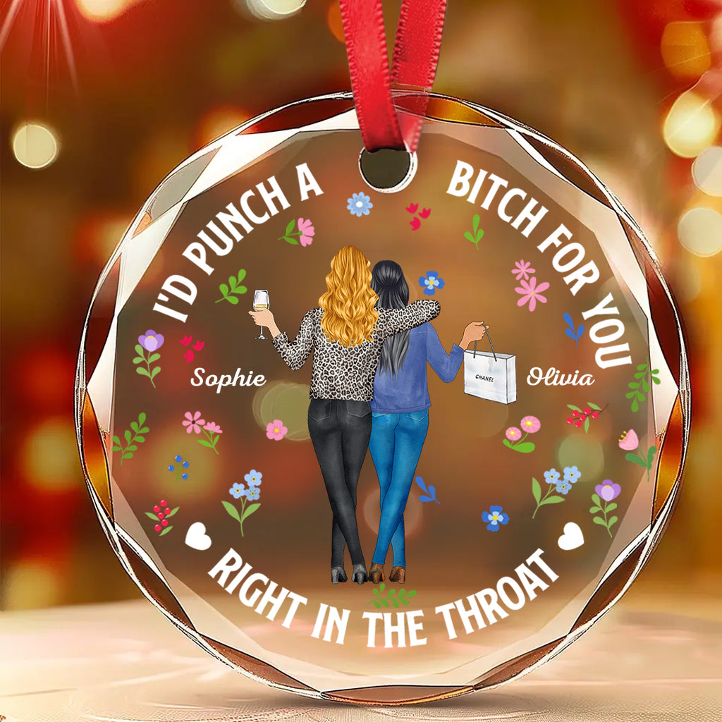 Two Women Holding Drinks - Personalized Bestie Round Shaped Glass Ornament