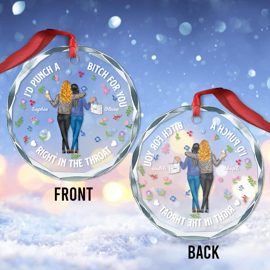 Two Women Holding Drinks - Personalized Bestie Round Shaped Glass Ornament