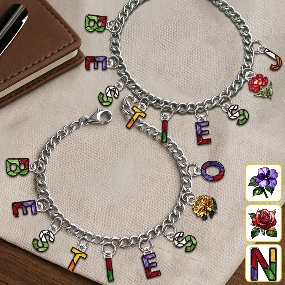 Besties With Birth Flowers And Initials - Personalized Bestie Bracelet With Charms