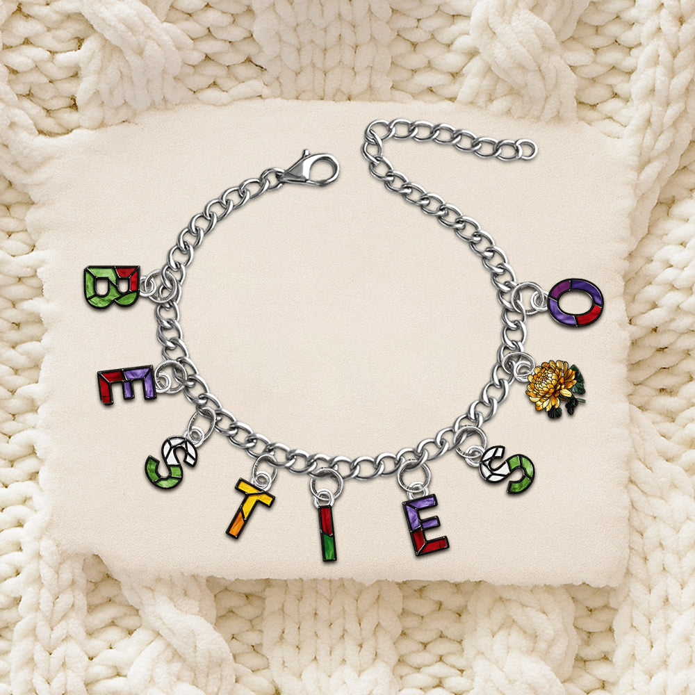 Besties With Birth Flowers And Initials - Personalized Bestie Bracelet With Charms