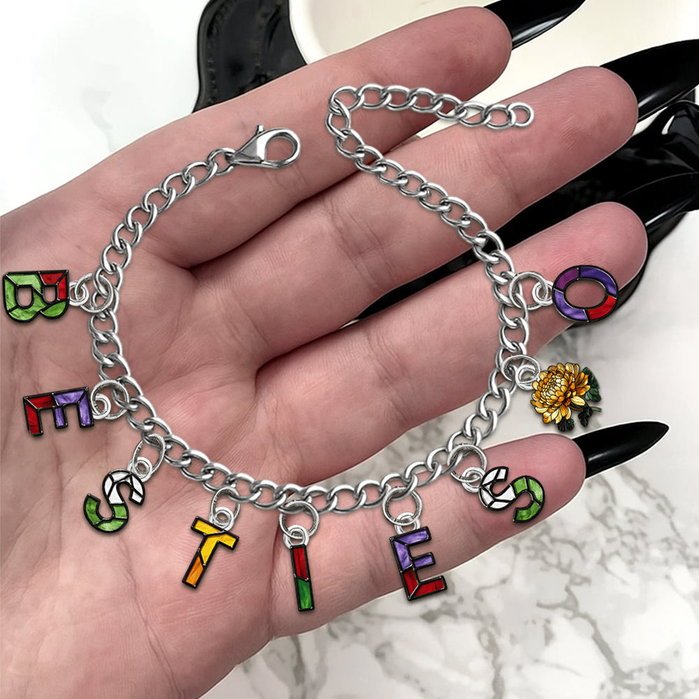 Besties With Birth Flowers And Initials - Personalized Bestie Bracelet With Charms