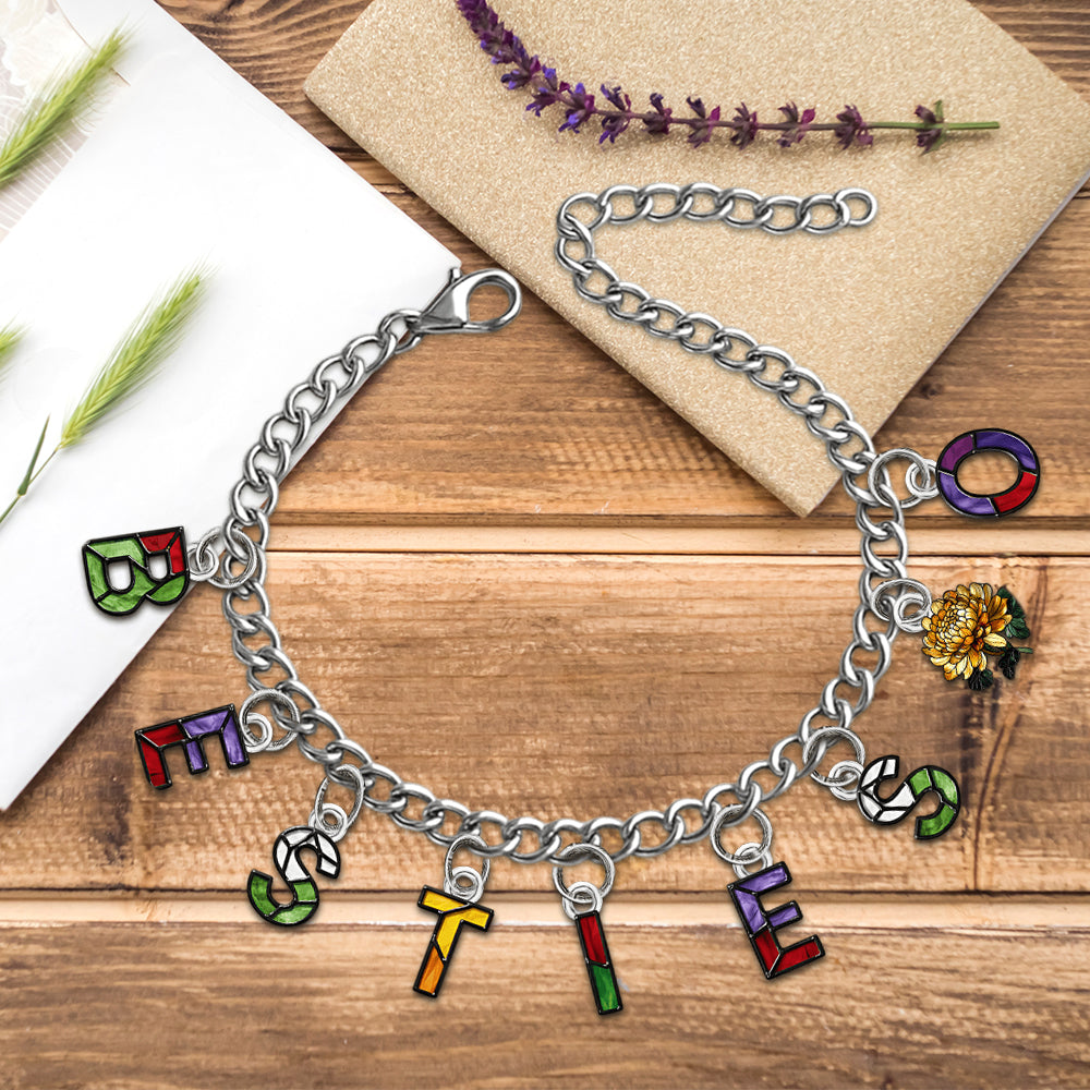 Besties With Birth Flowers And Initials - Personalized Bestie Bracelet With Charms