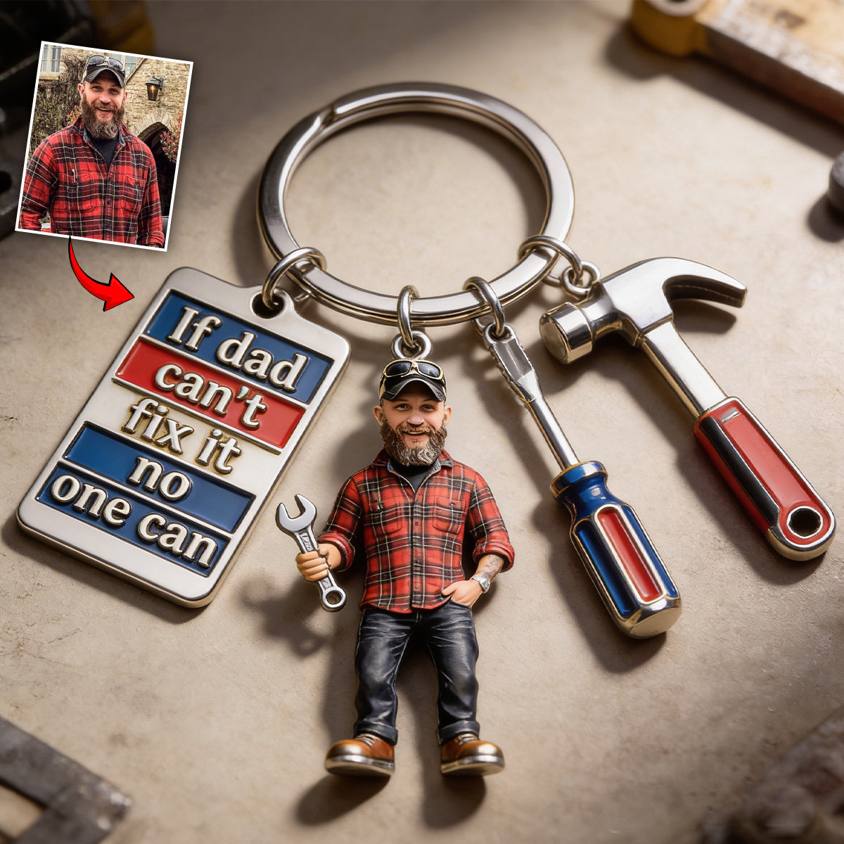 Personalisierter Foto-Schlüsselanhänger für Väter mit Charms