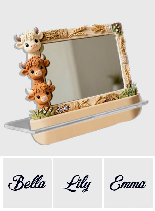 Adorables vaches des Highlands qui jettent un coup d'œil - Miroir de bureau personnalisé avec vaches des Highlands