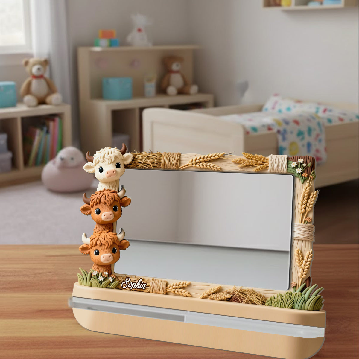 Adorables vaches des Highlands qui jettent un coup d'œil - Miroir de bureau personnalisé avec vaches des Highlands