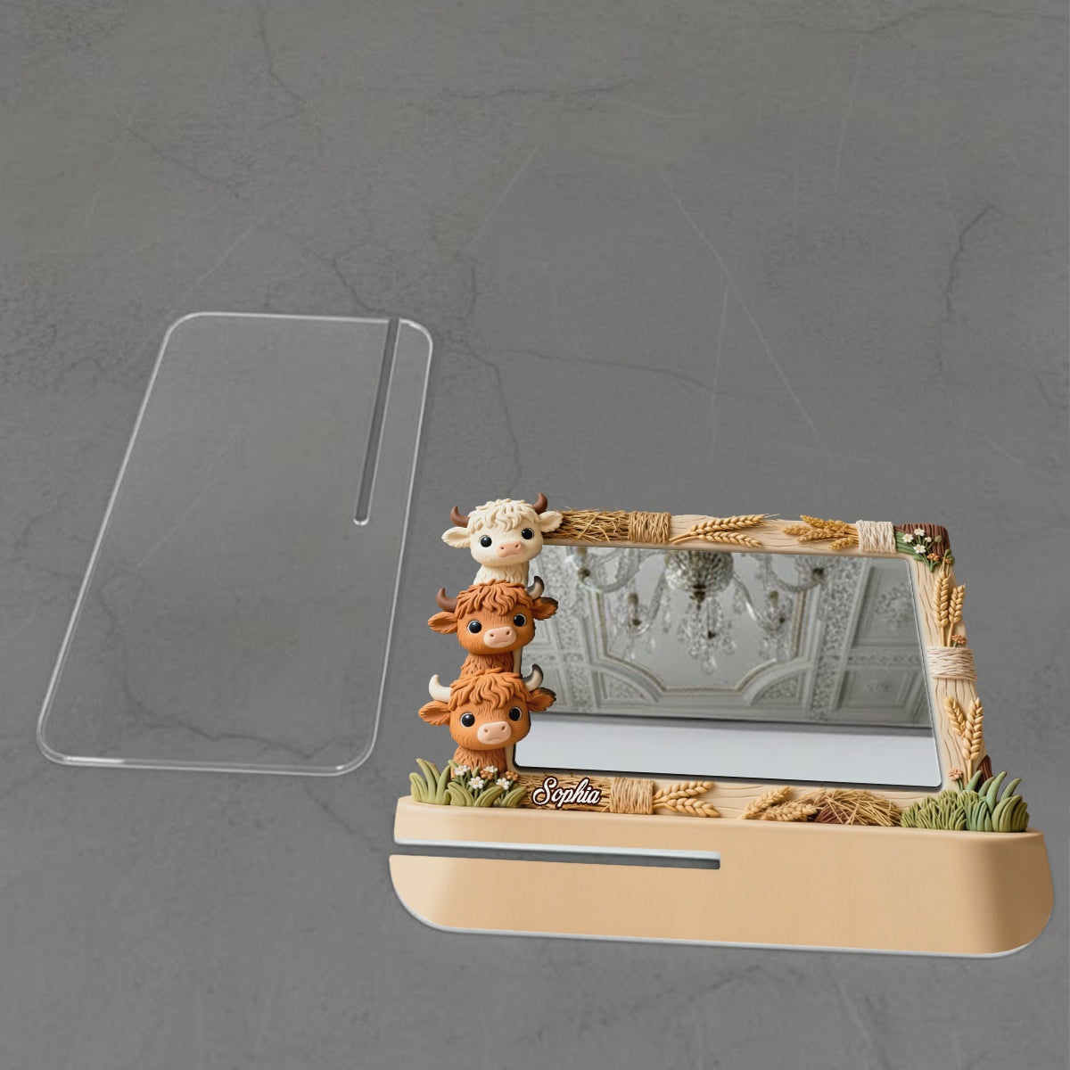 Adorables vaches des Highlands qui jettent un coup d'œil - Miroir de bureau personnalisé avec vaches des Highlands