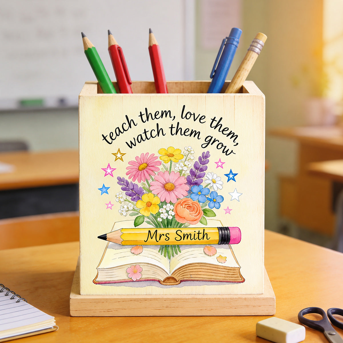 Teacher Gifts Boho Kraft - Personalized Teacher Wooden Desk Organizer