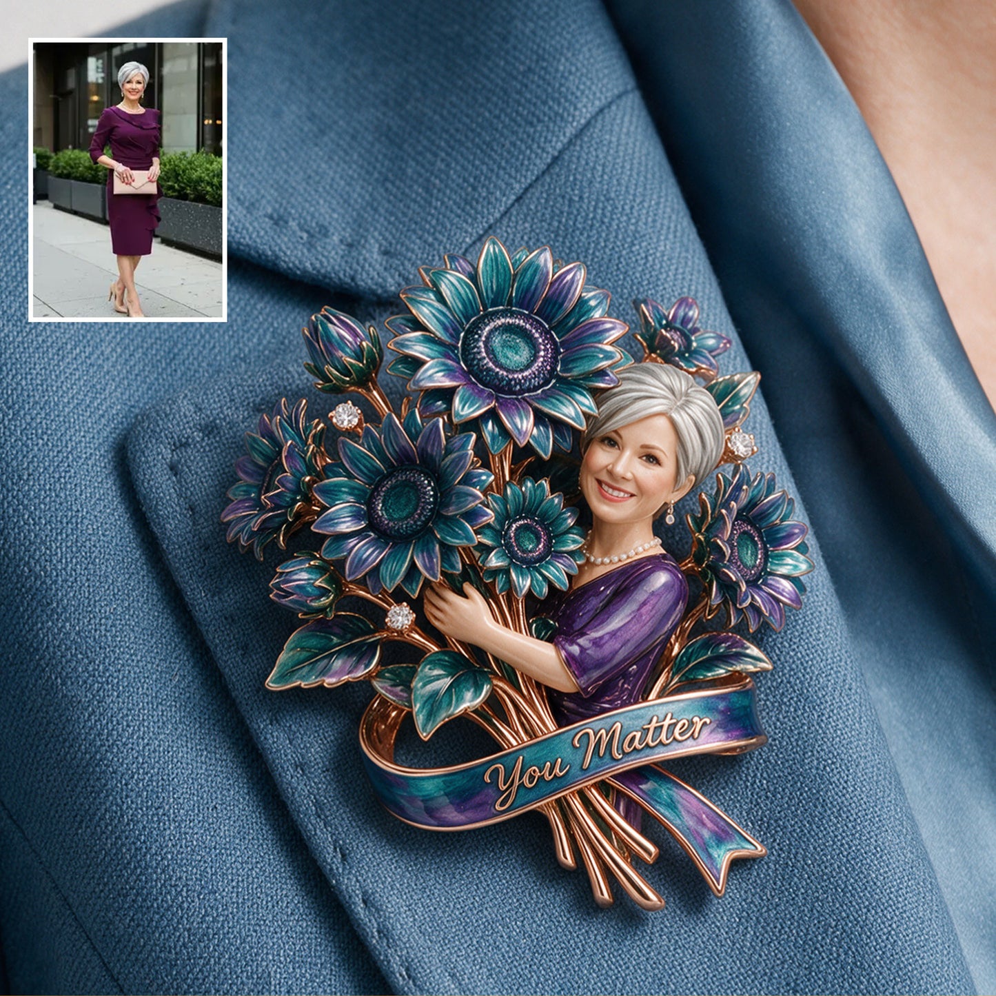 Custom Suicide Prevention Blue & Purple Sunflower Brooch - Personalized Suicide Prevention 3D Embossed Enamel Pin
