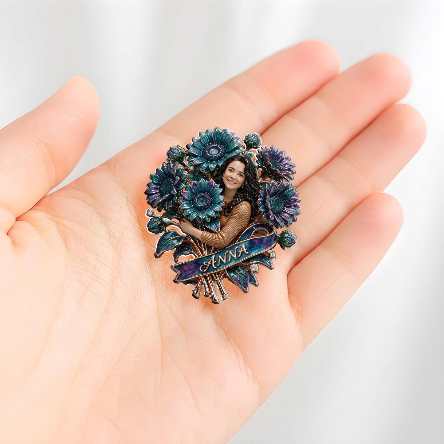 Custom Suicide Prevention Blue & Purple Sunflower Brooch - Personalized Suicide Prevention 3D Embossed Enamel Pin