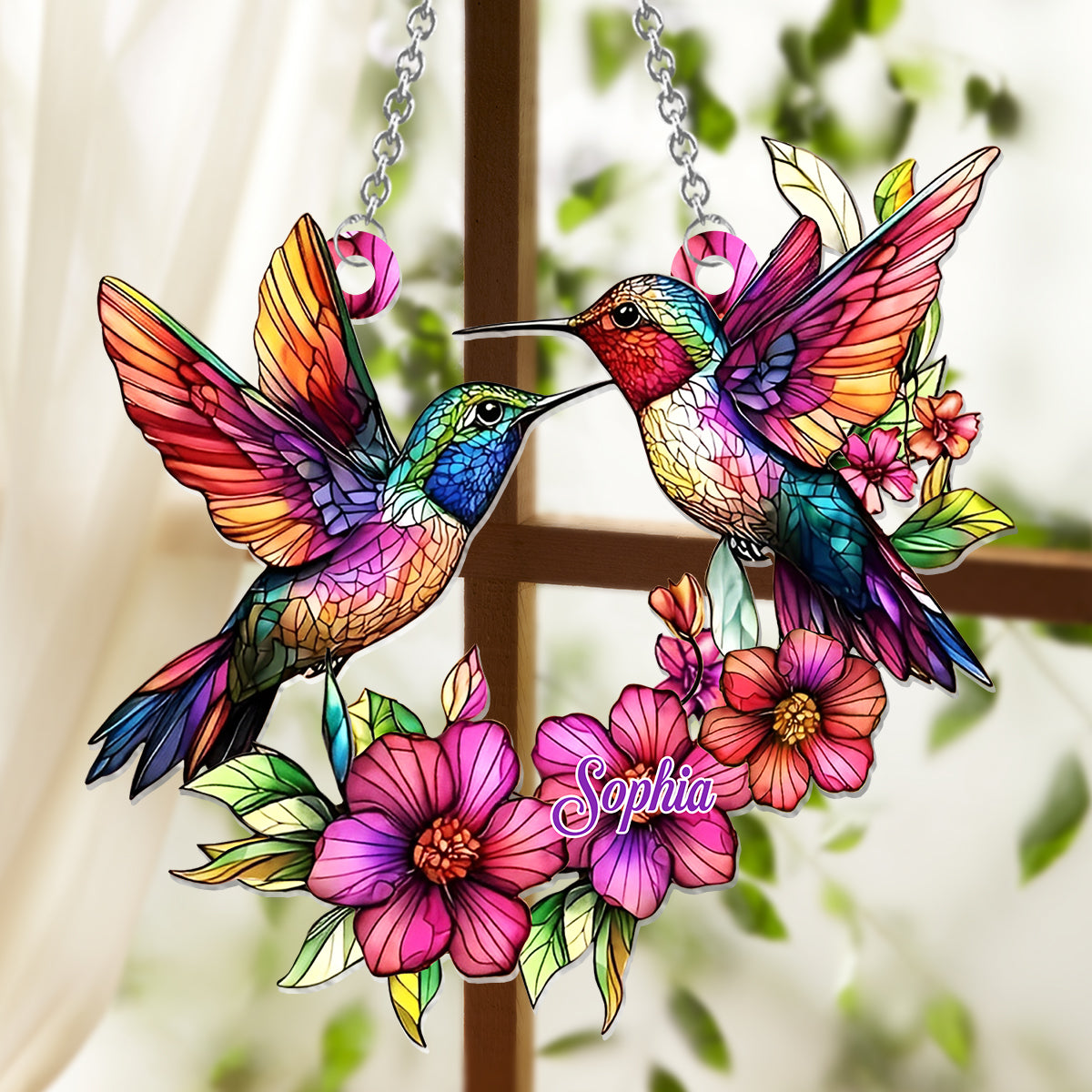 Bunter Kolibri – Personalisierter Kolibri-Fensterhänger als Sonnenfänger