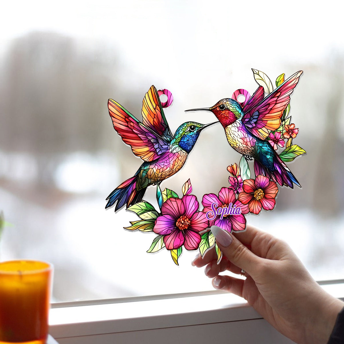 Bunter Kolibri – Personalisierter Kolibri-Fensterhänger als Sonnenfänger