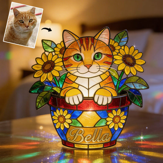 Niedliche Haustiere und Blumen – Personalisierte LED-Nachtleuchte mit Katze aus Acryl