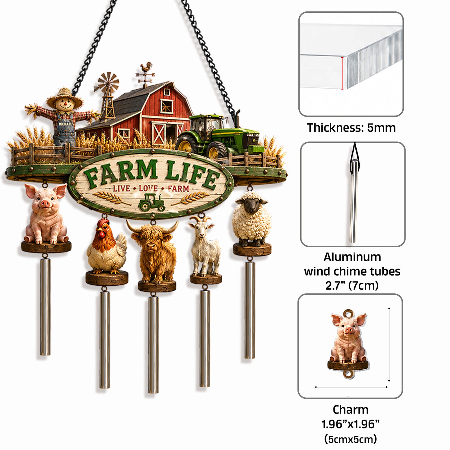 Farm Life - Personalized Farmer Wind Chime With Charm