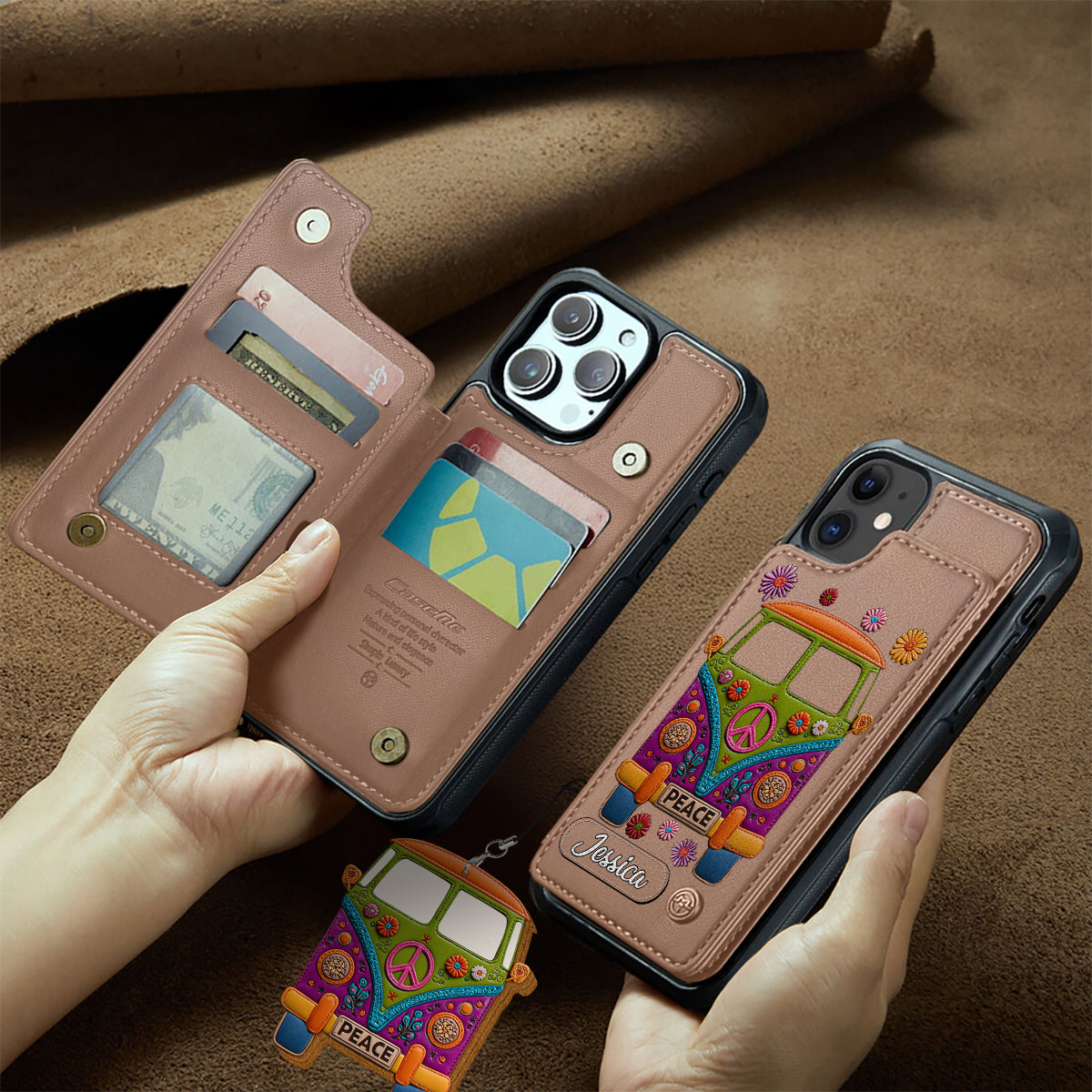 Peace Bus - Personalized Hippie Wallet Phone Case With Leather Charm
