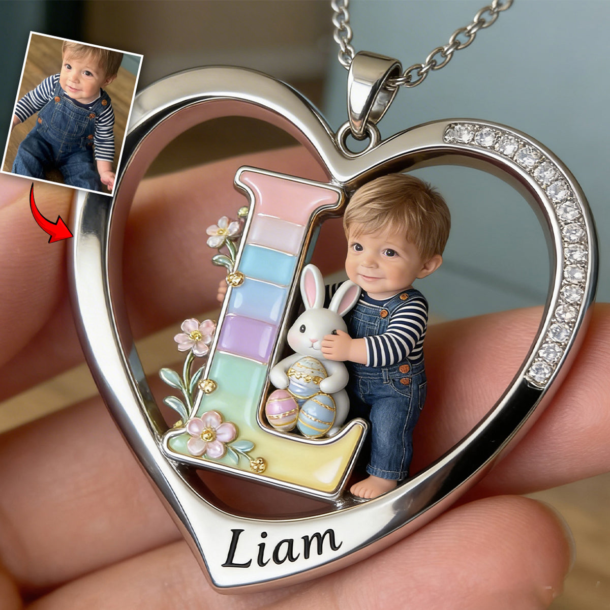 Custom Any Photo Best Easter Gift - Personalized Kid Shaped Metal Pendant Necklace