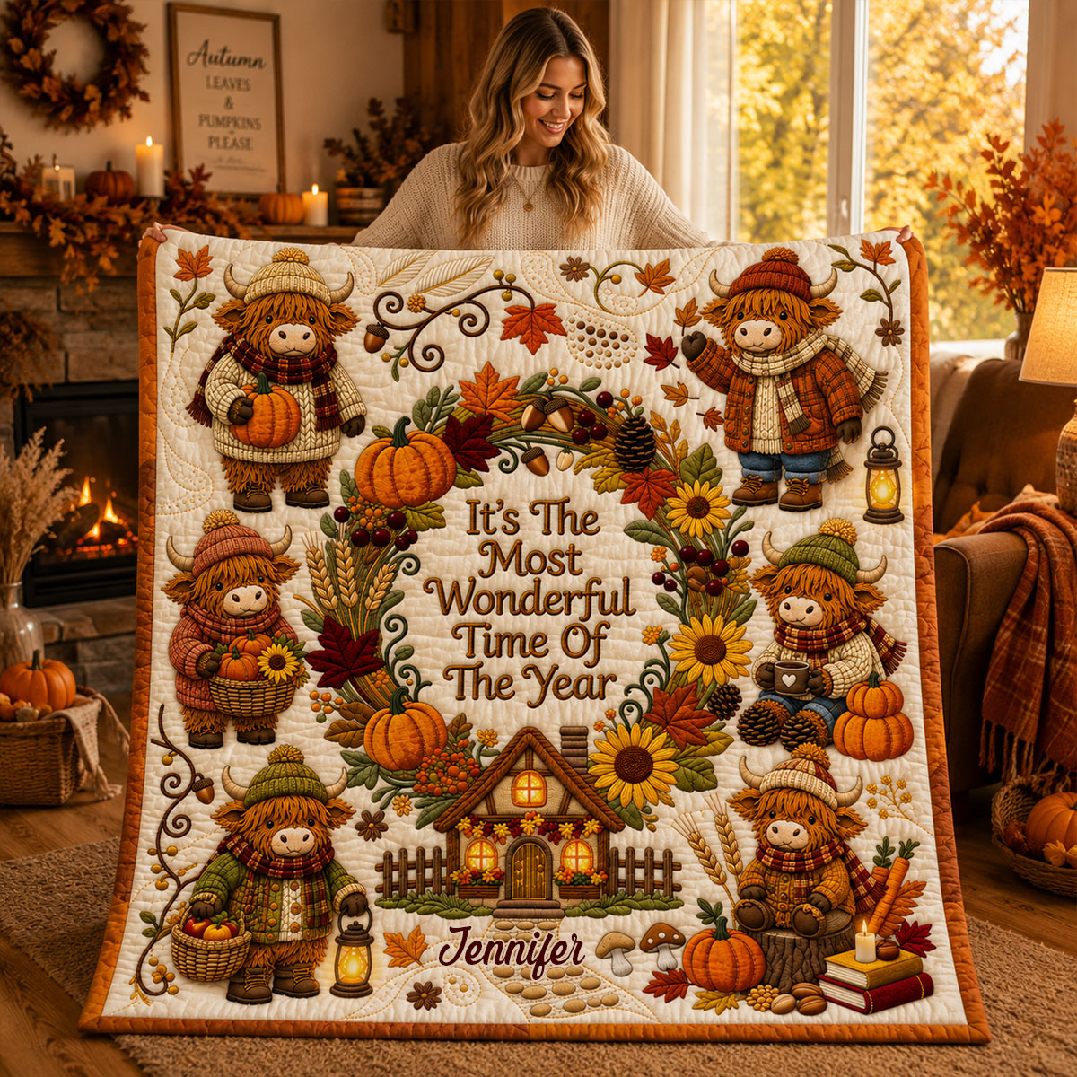 The Most Wonderful Time Of The year - Personalized Highland Cow Blanket