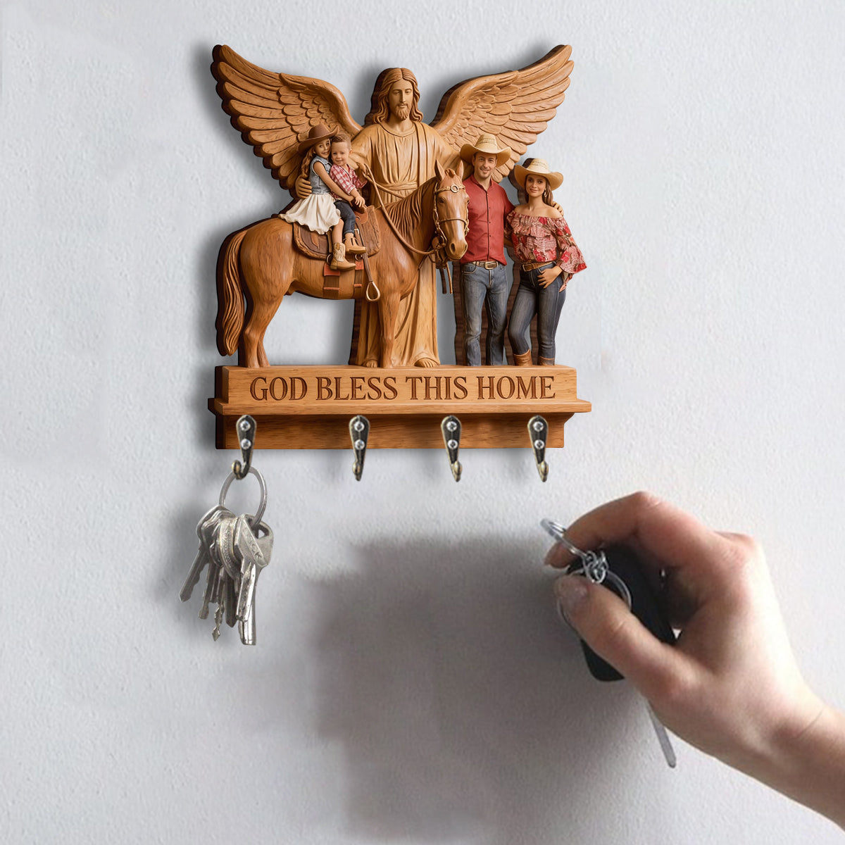 Individuell gestaltbarer christlicher Wandhänger mit der Aufschrift „Gott segne dieses Zuhause“ nach Foto.