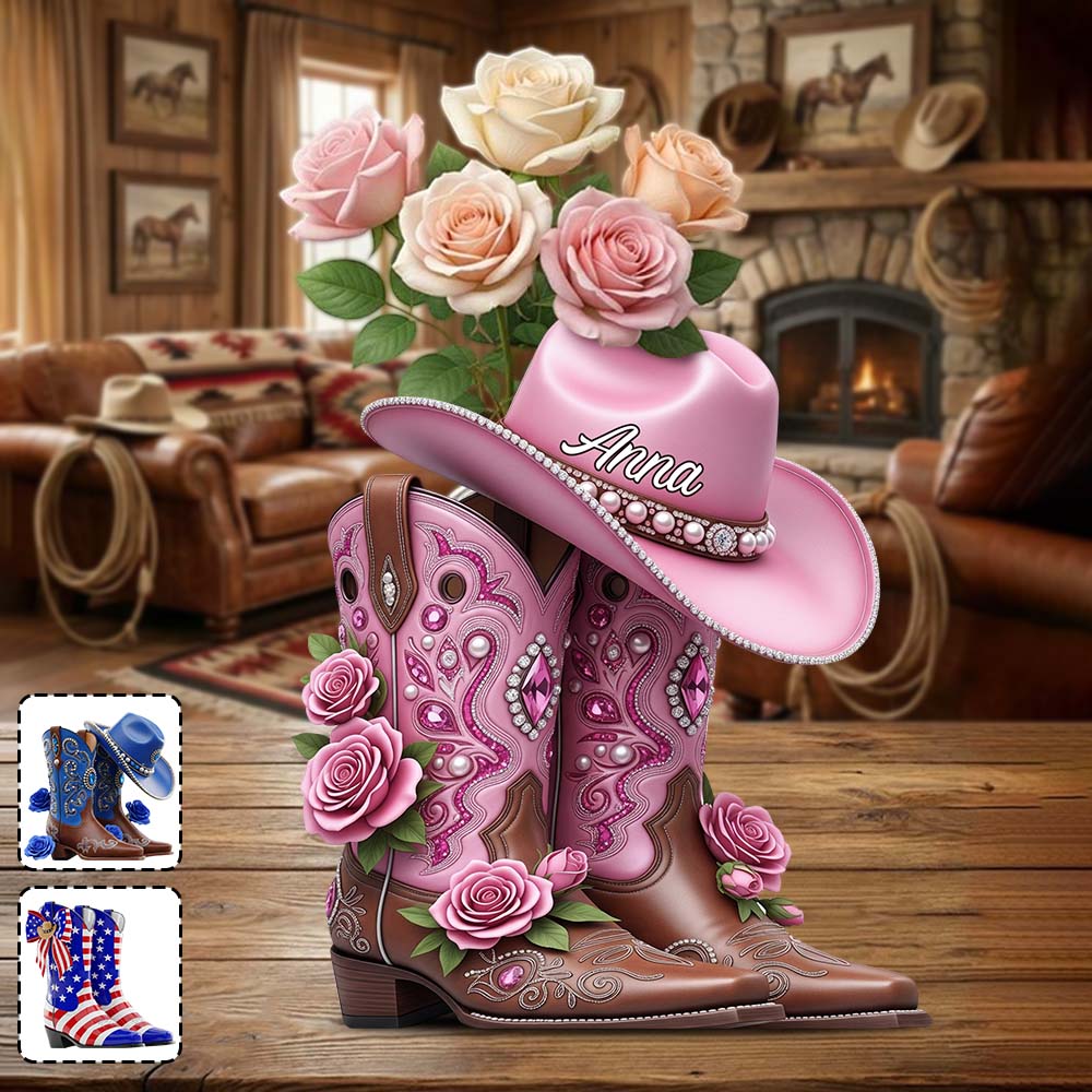 Cowboystiefel – Personalisierte Acryl-Blumenvase in Cowgirl-Form