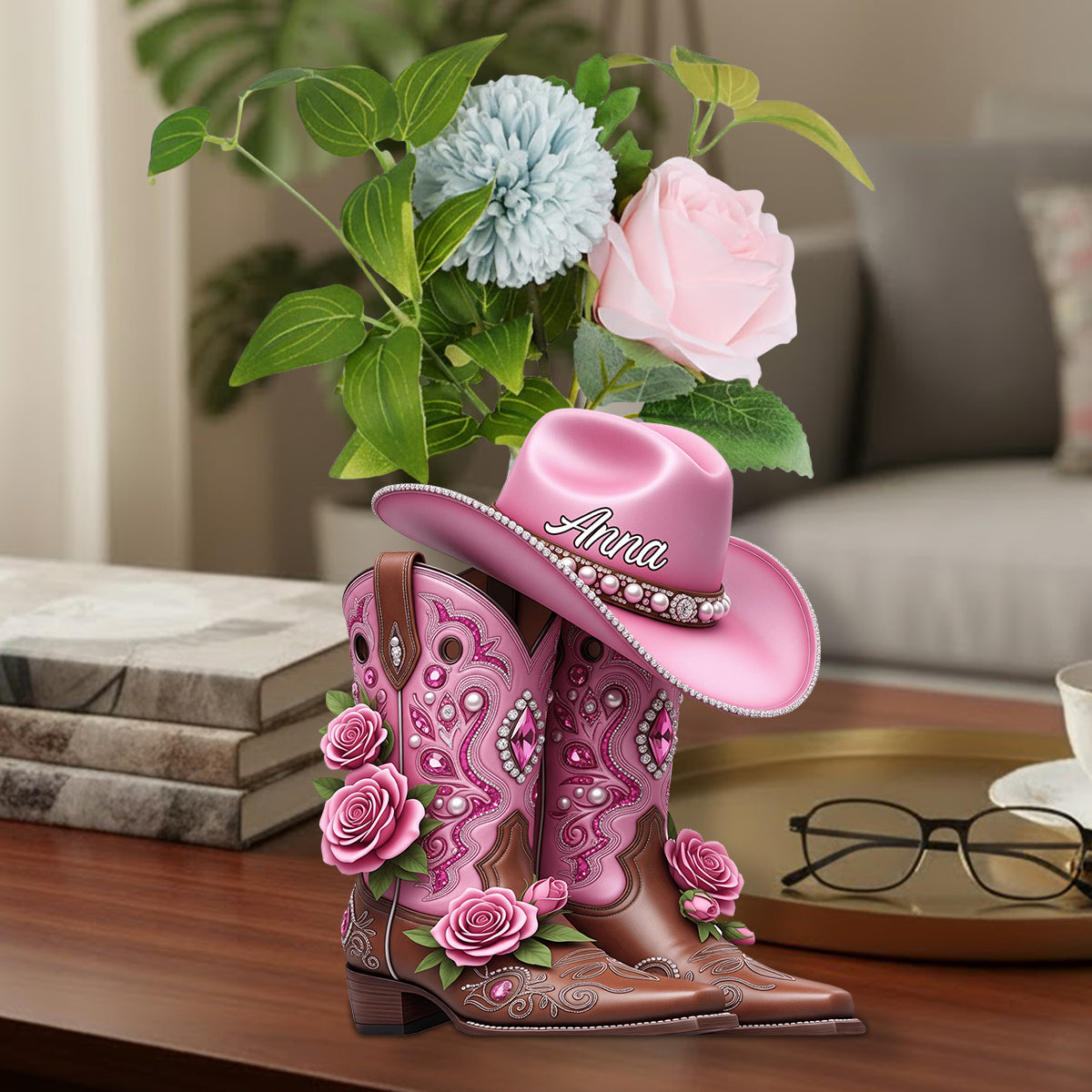 Cowboystiefel – Personalisierte Acryl-Blumenvase in Cowgirl-Form