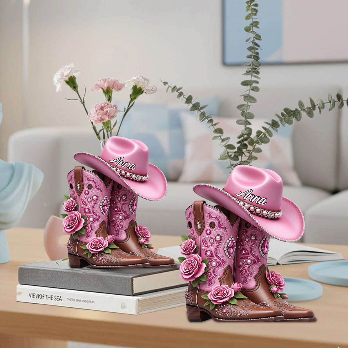 Cowboystiefel – Personalisierte Acryl-Blumenvase in Cowgirl-Form