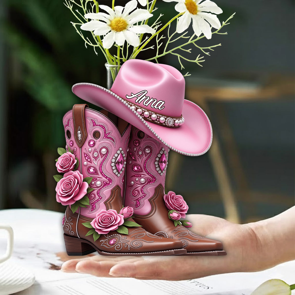 Cowboystiefel – Personalisierte Acryl-Blumenvase in Cowgirl-Form