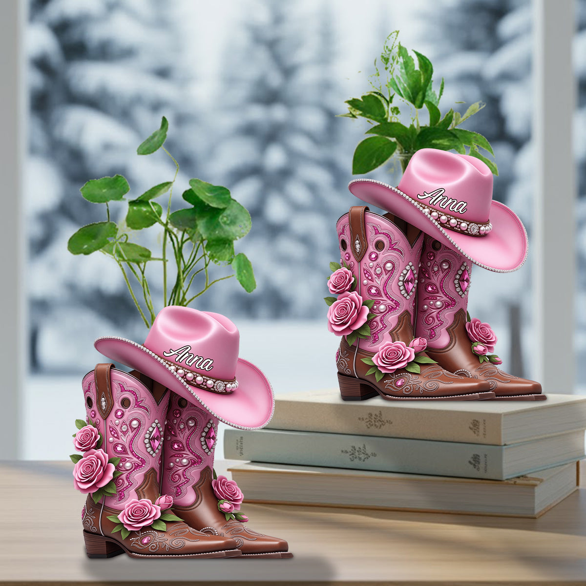 Cowboystiefel – Personalisierte Acryl-Blumenvase in Cowgirl-Form