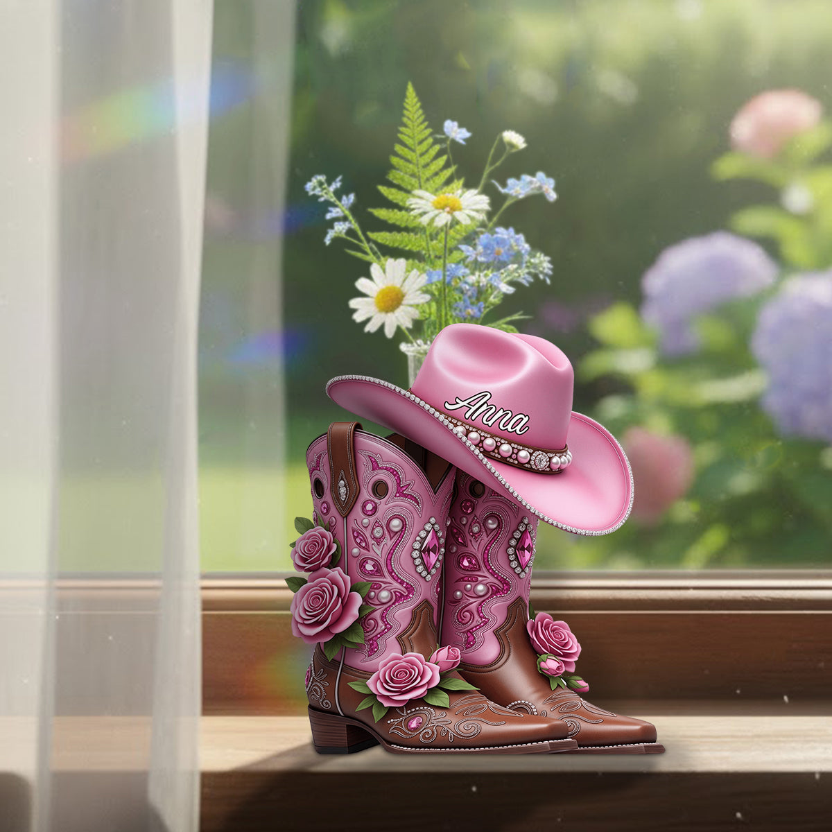 Cowboystiefel – Personalisierte Acryl-Blumenvase in Cowgirl-Form