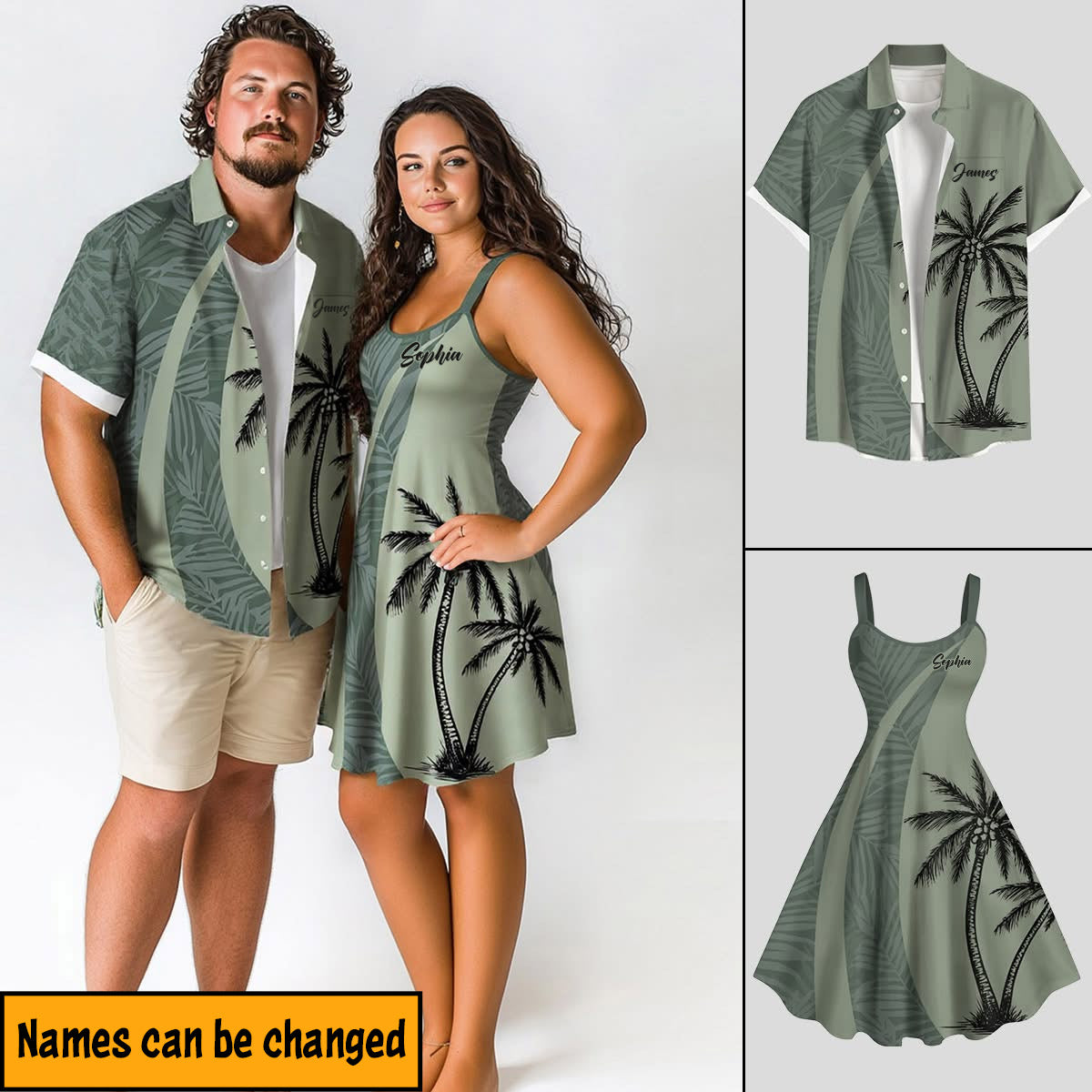 Coconut Tree Tropical Leaf Print Matching Hawaii Beach Outfit For Couples - Personalized Couple Hawaiian Shirt & Sleeveless Dress