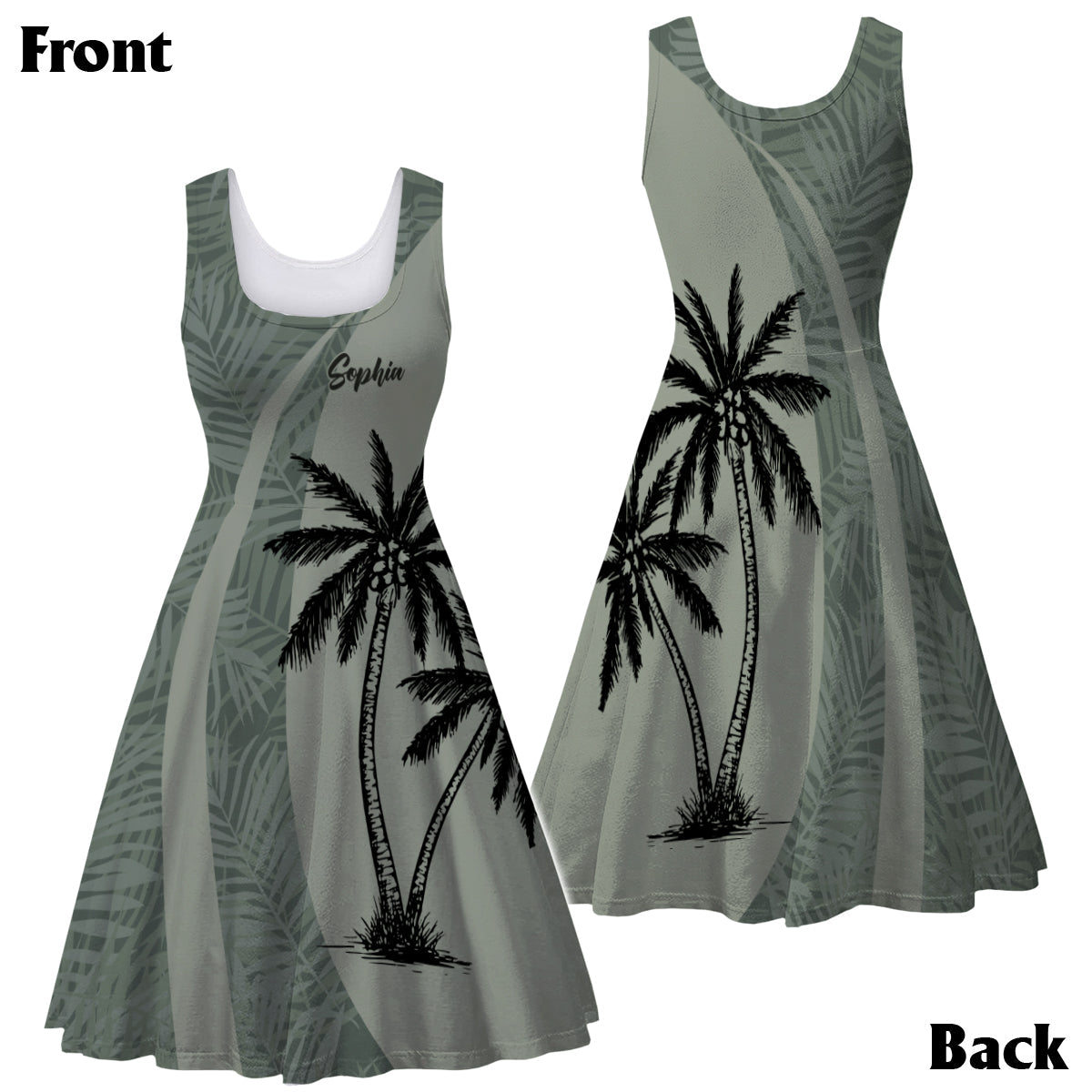 Coconut Tree Tropical Leaf Print Matching Hawaii Beach Outfit For Couples - Personalized Couple Hawaiian Shirt & Sleeveless Dress