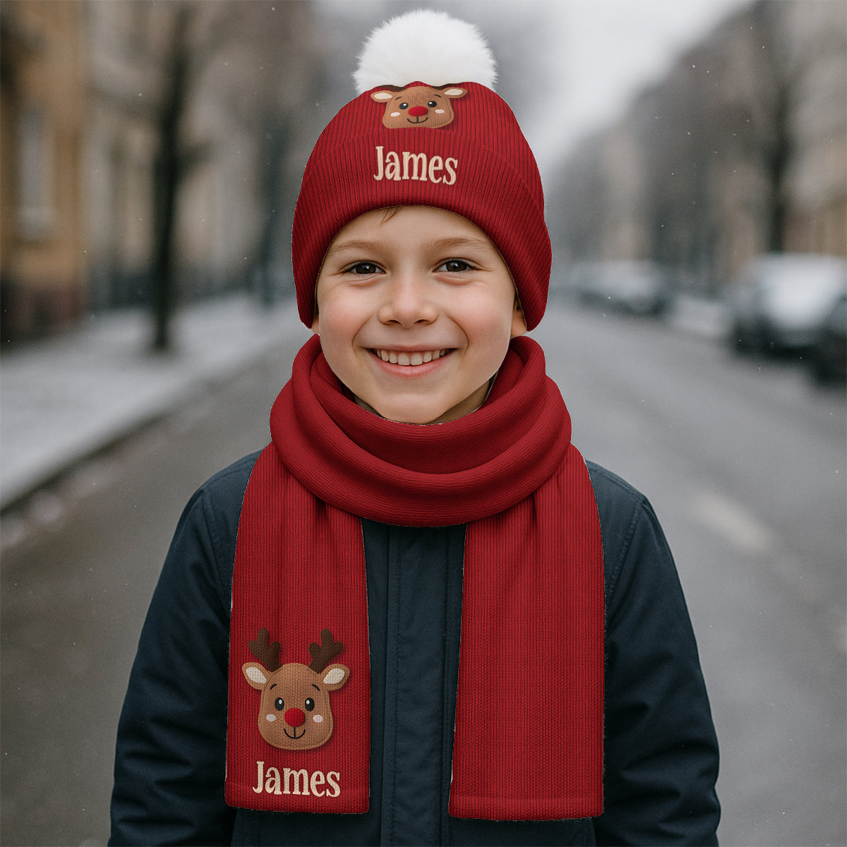 Cute Reindeer - Personalized Kid Knitted Beanie Hat and Scarf Set