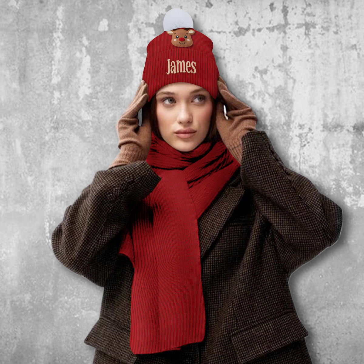 Cute Reindeer - Personalized Kid Knitted Beanie Hat and Scarf Set