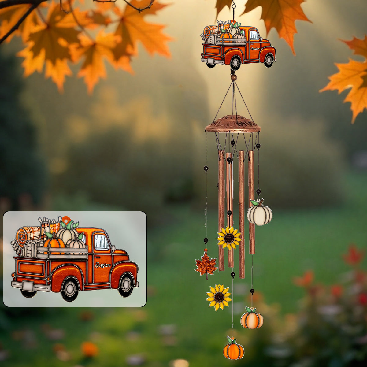 Herbst-LKW – Personalisiertes Herbst-Windspiel mit Anhängern