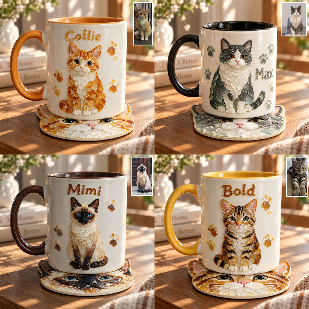 Any Pet Photo To Seaglass Art - Personalized Cat Accent Mug & Shaped Coaster