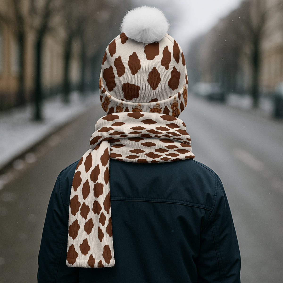 Love Highland Cow - Personalized Highland Cow Knitted Beanie Hat and Scarf Set