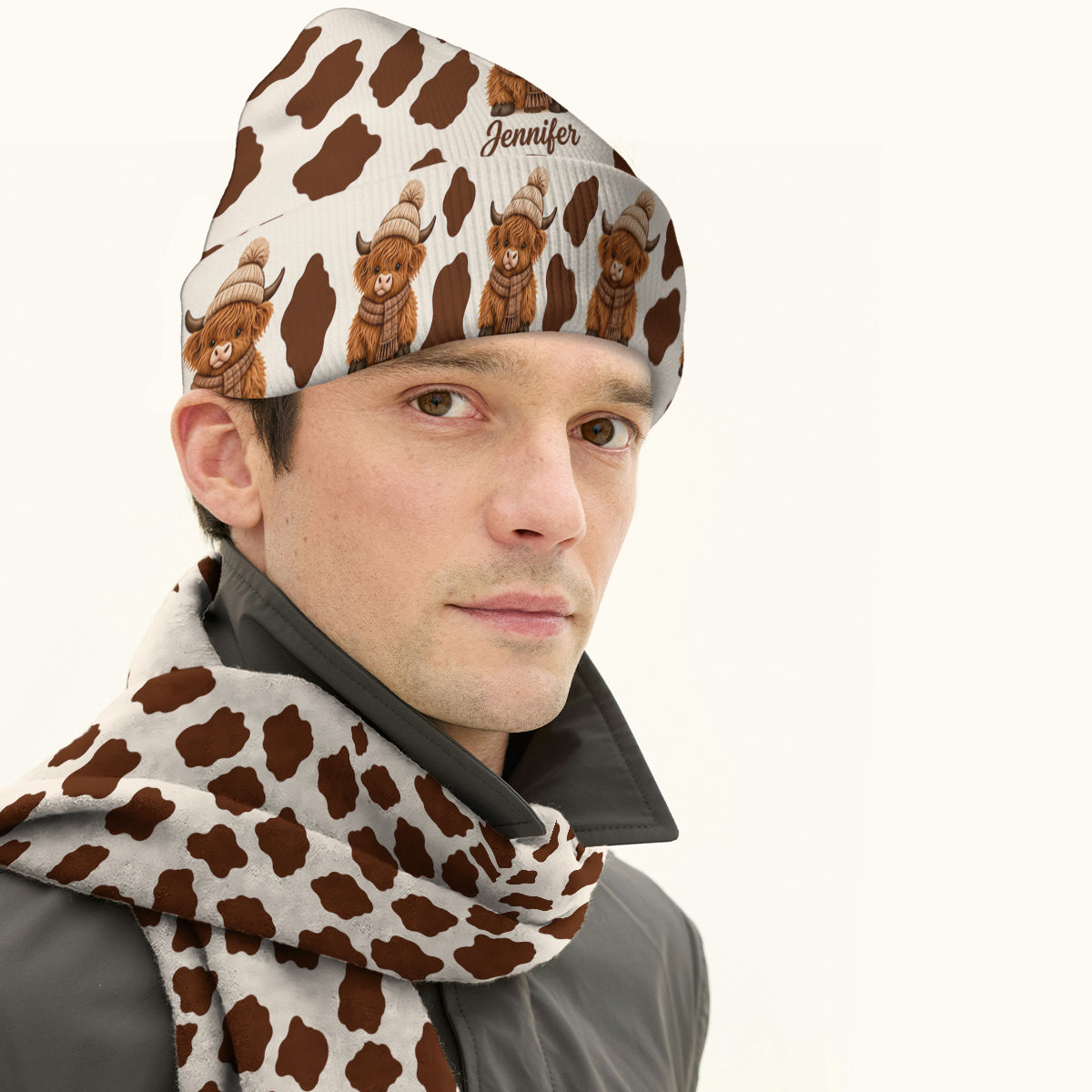 Love Highland Cow - Personalized Highland Cow Knitted Beanie Hat and Scarf Set
