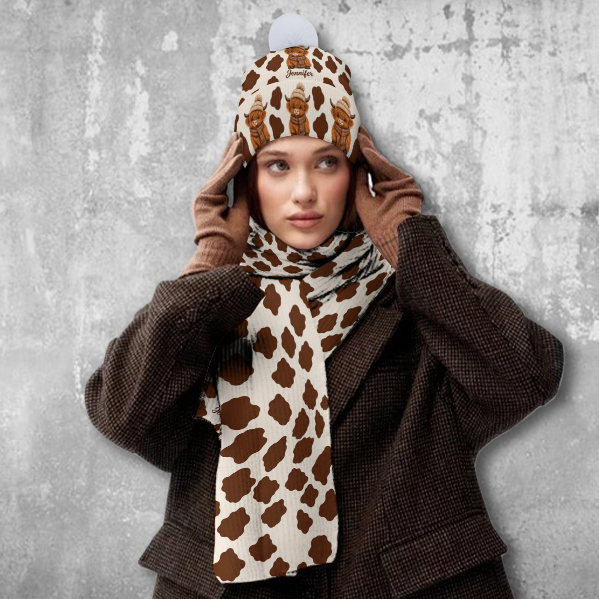 Love Highland Cow - Personalized Highland Cow Knitted Beanie Hat and Scarf Set