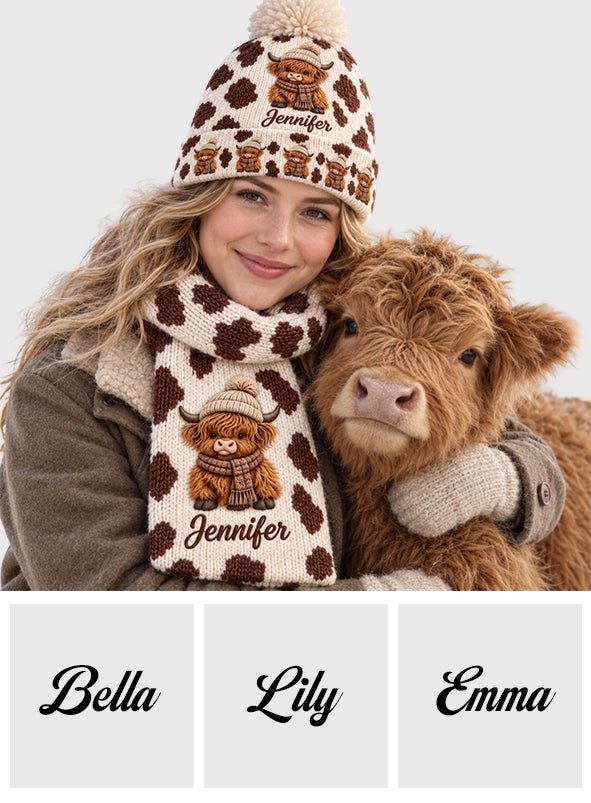 Love Highland Cow - Personalized Highland Cow Knitted Beanie Hat and Scarf Set