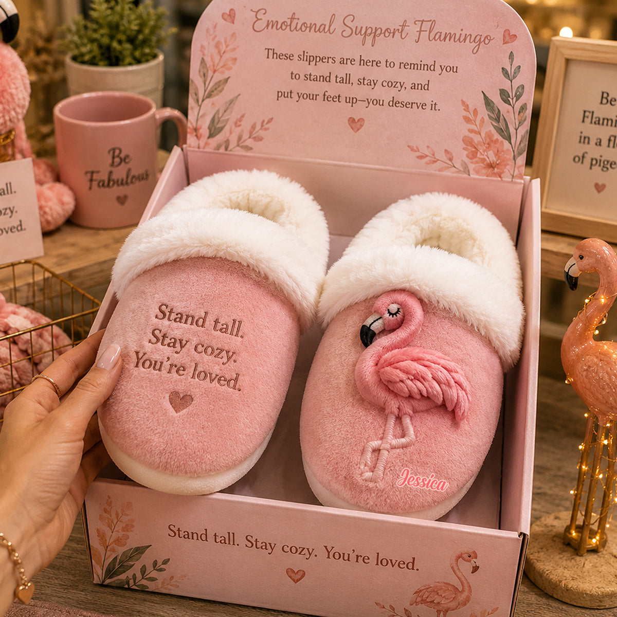 Emotional Support Flamingo - Personalized Flamingo Slippers With Fur Lining