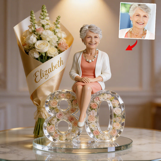 Cadeau pour elle - Bouquet de fleurs et chiffre - Plaque acrylique personnalisée pour son anniversaire