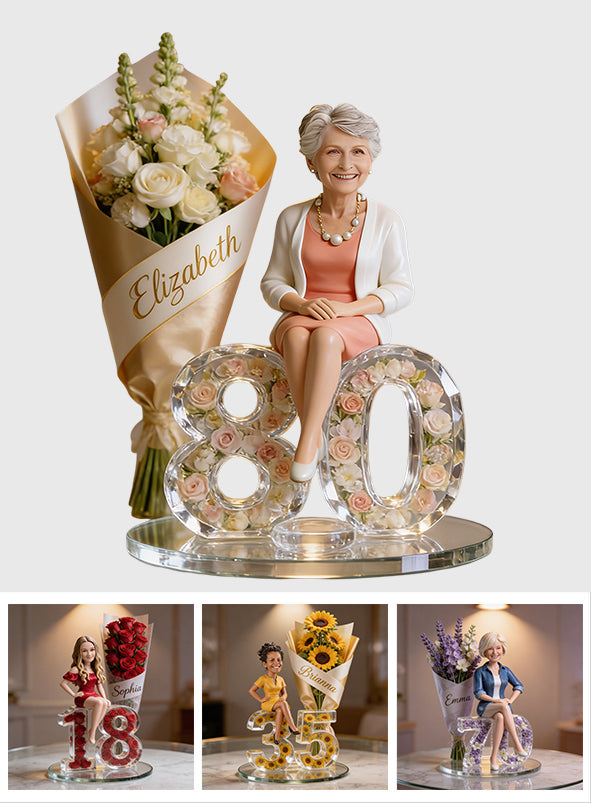 Gift For Her - Flower Bouquet And Number - Personalized Birthday Custom Shaped Acrylic Plaque