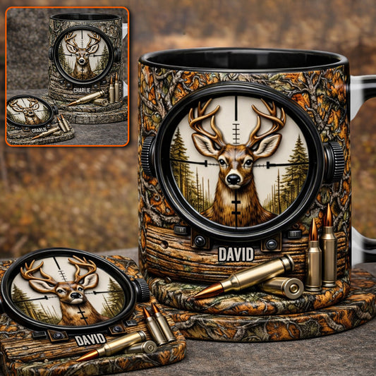 Hirschjagd, Geschenk für Jäger – Personalisierte Tasse und Untersetzer mit Jagdmotiv