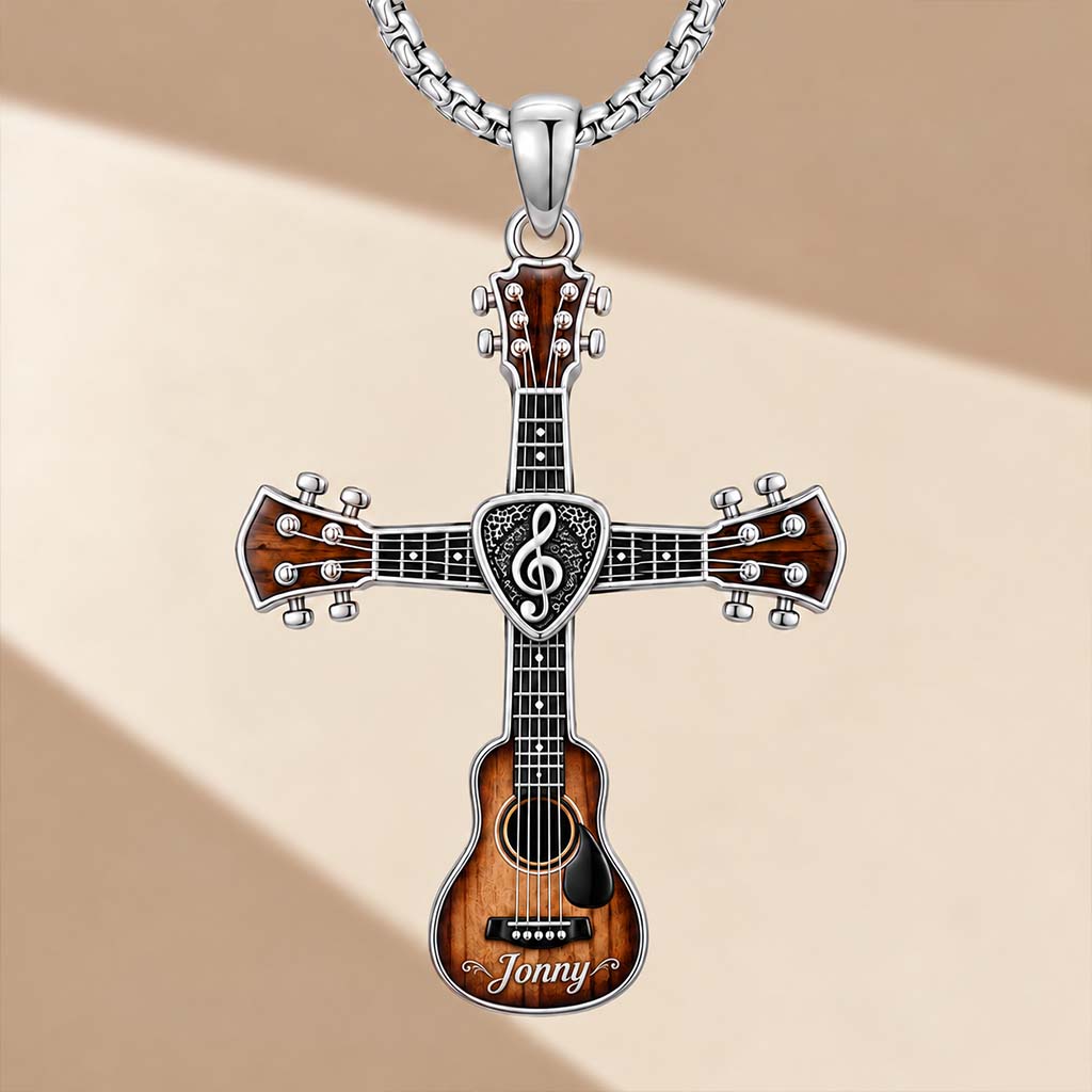 Love God, Love Music - Personalized Guitar Shaped Metal Pendant Necklace