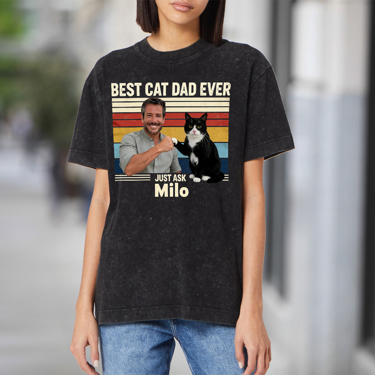 Bester Katzenpapa aller Zeiten - Personalisiertes Katzen-Wasch-T-Shirt