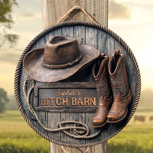 B*tch Barn - Personalized Cowgirl Round Wood Sign