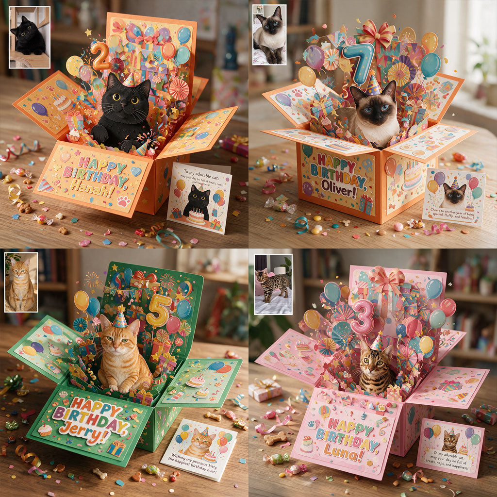 Happy Birthday - Personalized Cat Pop Up Box Card