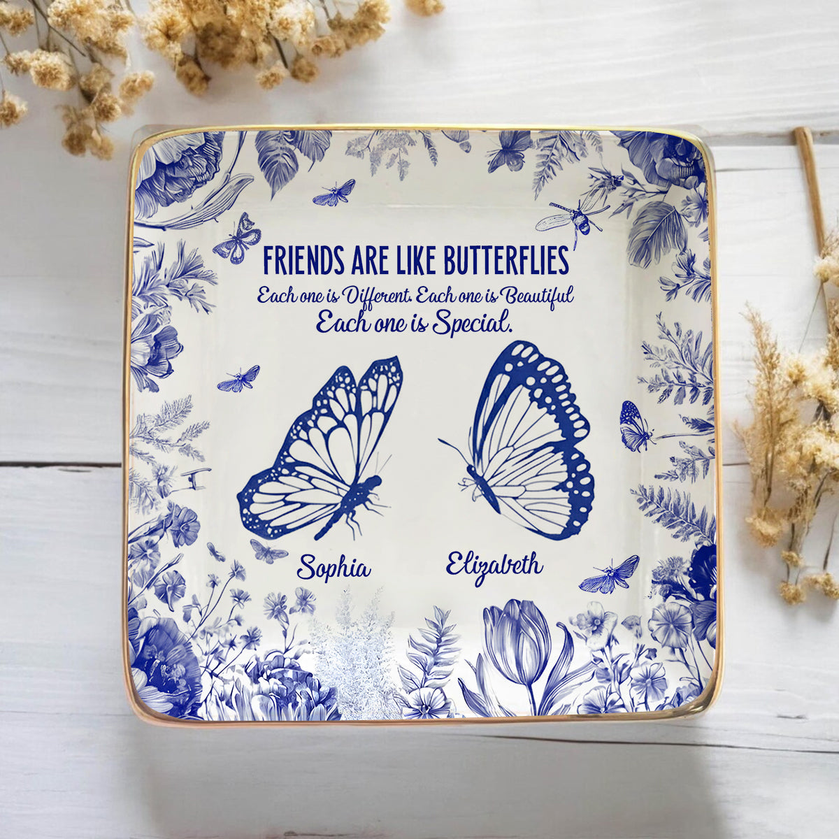 Friends Are Like Butterflies Toile De Jouy Flowers - Personalized Bestie Fully Printed Jewelry Dish