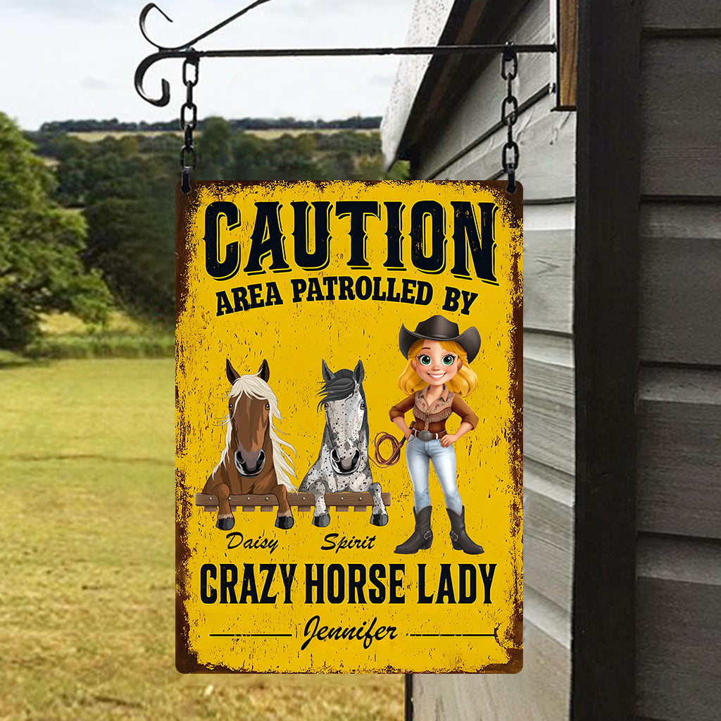 Area Patrolled By A Crazy Horse Lady - Personalized Horse Rectangle Metal Sign