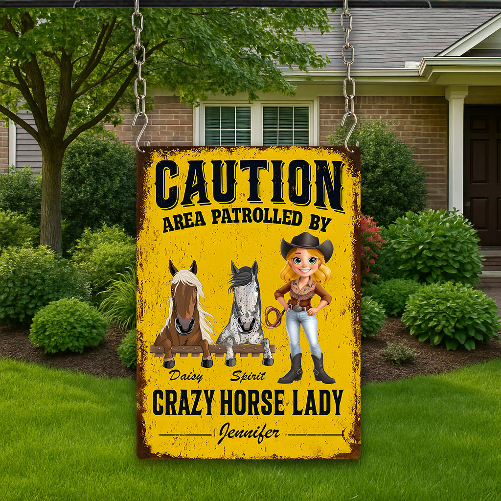 Area Patrolled By A Crazy Horse Lady - Personalized Horse Rectangle Metal Sign